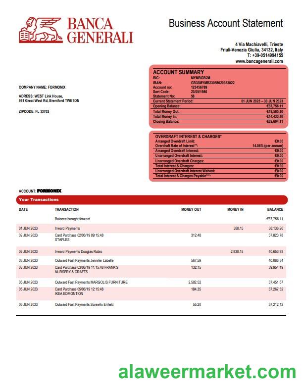 Banca Generali organization checking account statement Word and PDF template